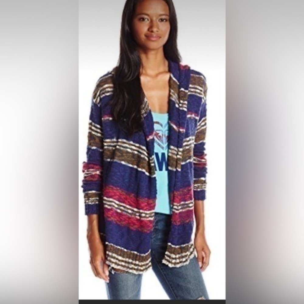 Roxy striped cotton hooded cozy comfy sweater cardigan medium